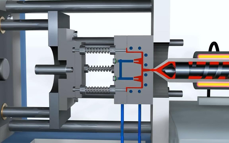 Exploded view of injection mold ejection system showing ejector pins, ejector plate, retainer plate, return pins, springs, and guide bushings