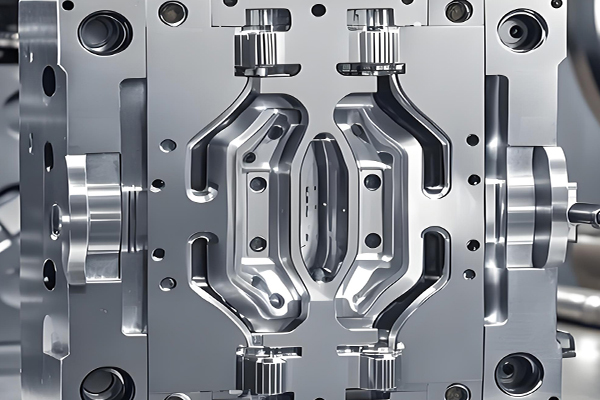 Precision machined injection mold showing cavity and core halves